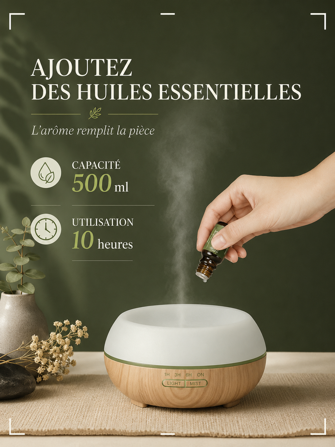 Diffuseur ultrasonique 500ml – Grain de bois & 7 lumières LED