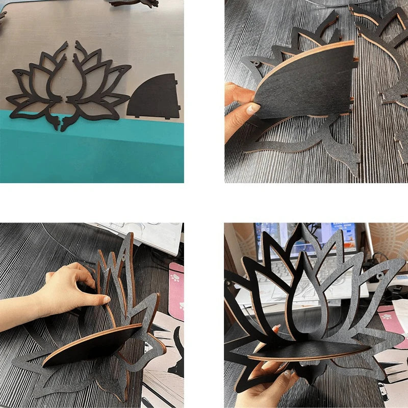 Étagère murale Lotus en bois – Porte-bougies & huiles essentielles