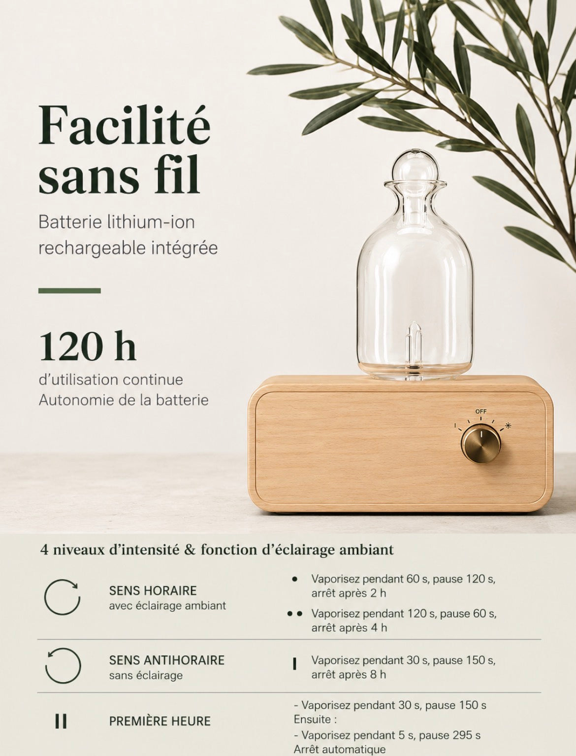 Diffuseur d'Huiles Essentielles Bois & Verre – Aromathérapie Sans Fil pour Maison & Bureau