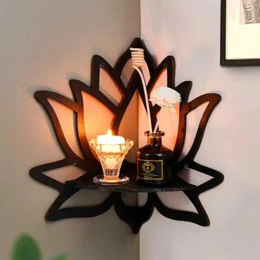 Étagère murale Lotus en bois – Porte-bougies & huiles essentielles