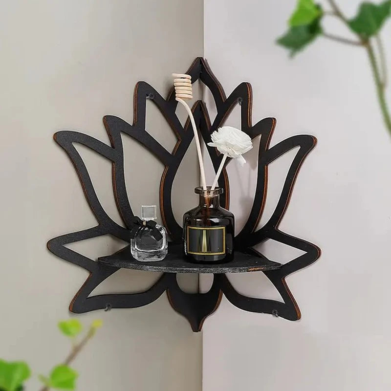 Étagère murale Lotus en bois – Porte-bougies & huiles essentielles