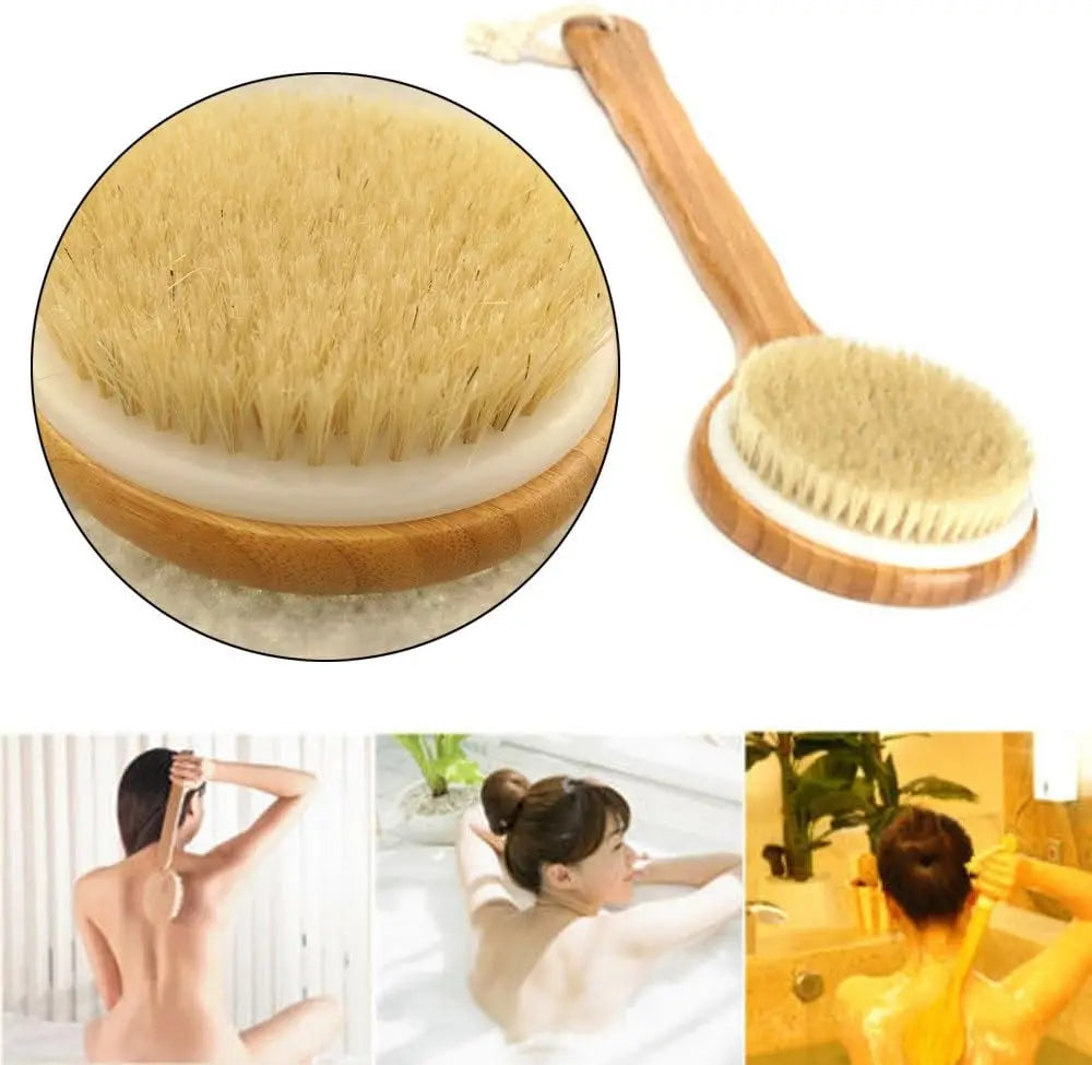 Brosse de Bain en Bois à Long Manche – Gommage Dos & Exfoliation Corps